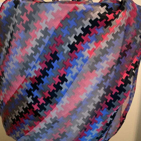 Oblong Scarf: Red, Blue, Gray, Black Design, Sheer & Opaque, 60” x 12”, Career - Picture 2 of 8